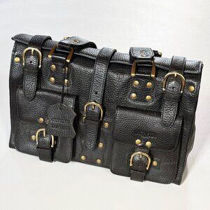 Black Leather Lachetta Milano Handbag with Gold Accents.